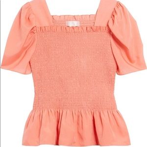 RP Rachel Parcell Square Neck Smocked Top Blouse Pink Short Puff Sleeve Small XS